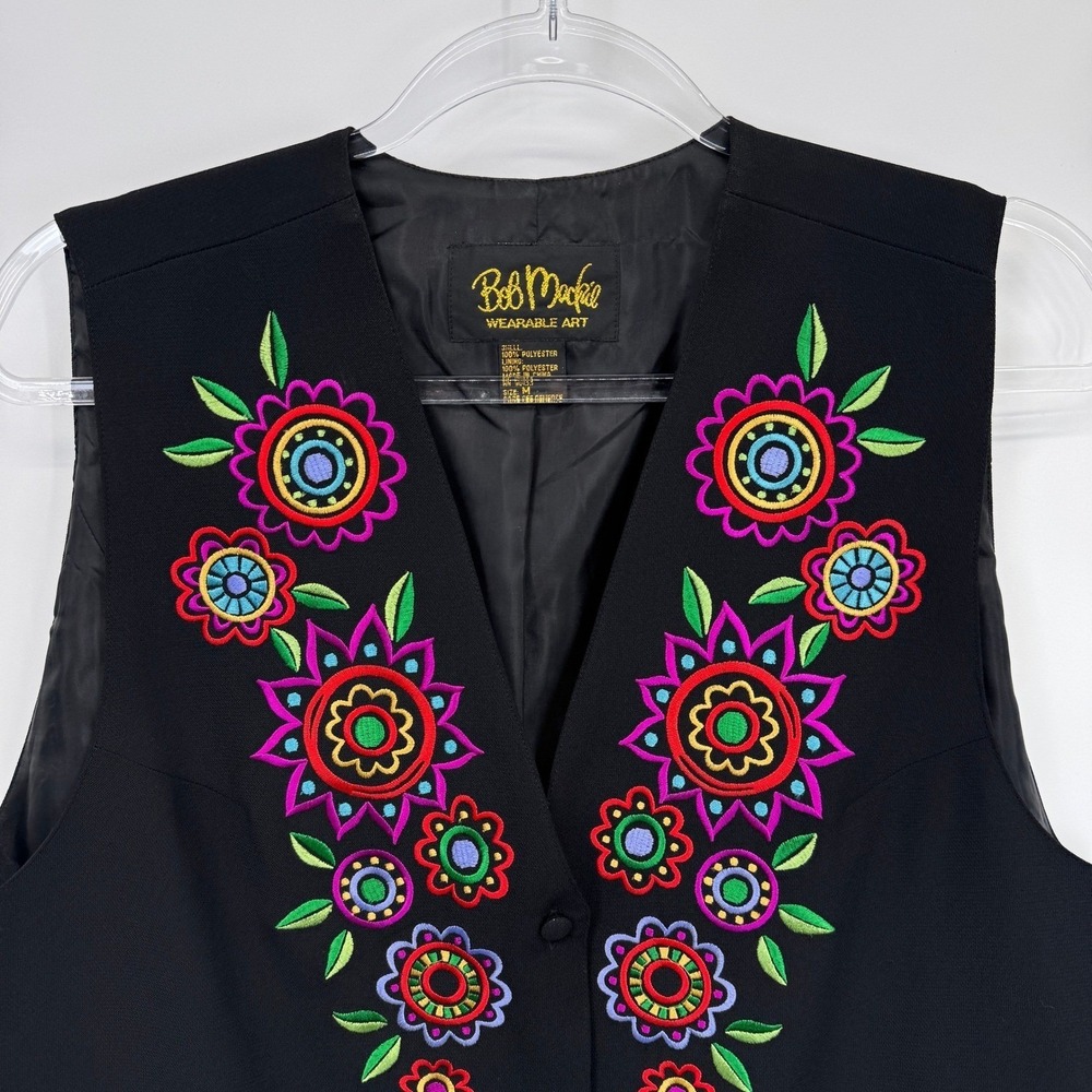 Bob Mackie Wearable Art Artsy Boho Vest Black Floral Embroidered Womens Medium - Picture 3 of 7